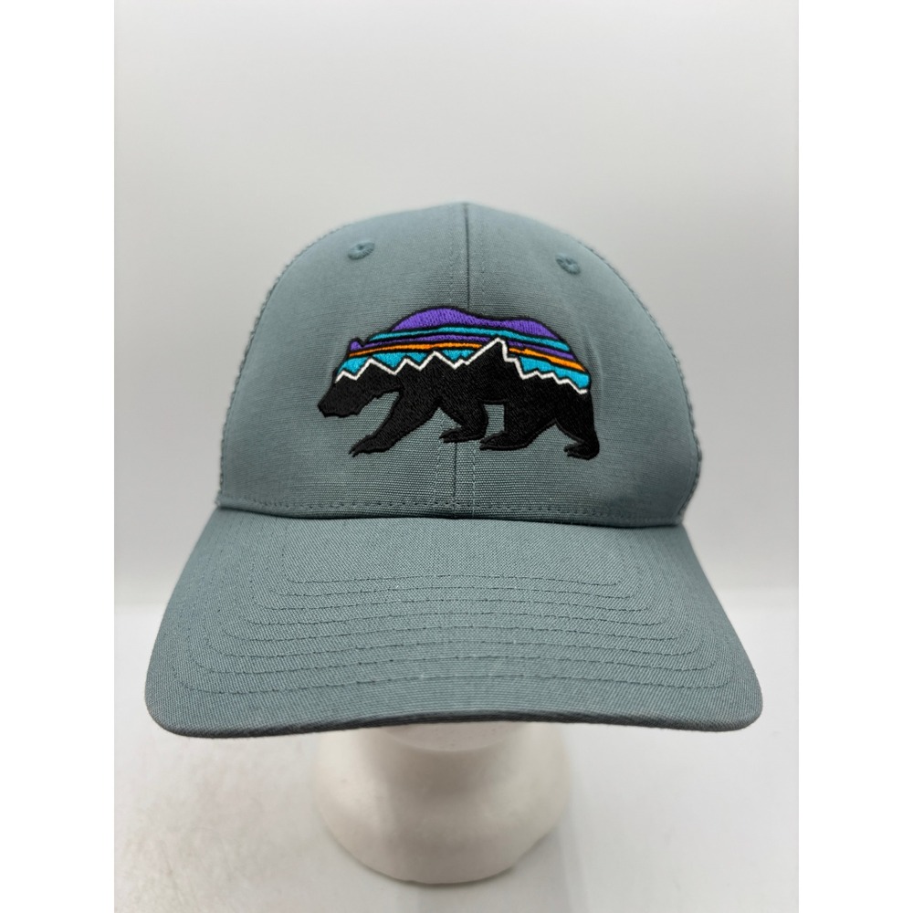 Patagonia Fitz Roy Bear Trucker Hat Snapback Blue Green Bear Logo Mesh Cap OSFM